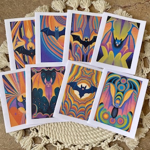 Set of 8 colorful psychedelic Halloween Bat Cards - blank inside - Groovy Halloween Cards with colorful bat designs, hippie Halloween cards