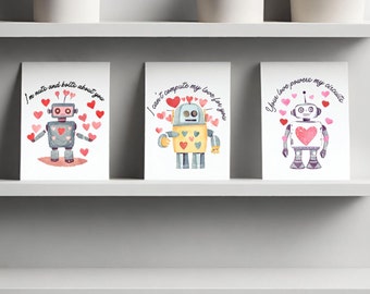 Set of 3 Retro Robot Romantic Folding Greeting Cards - Nerd love Card, robot anniversary cards, Robot Valentines Day Cards, Robot card set