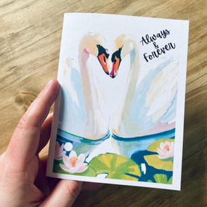 Always & Forever zwanen trouwkaart - opvouwbare wenskaart met envelop - blanco binnenkant