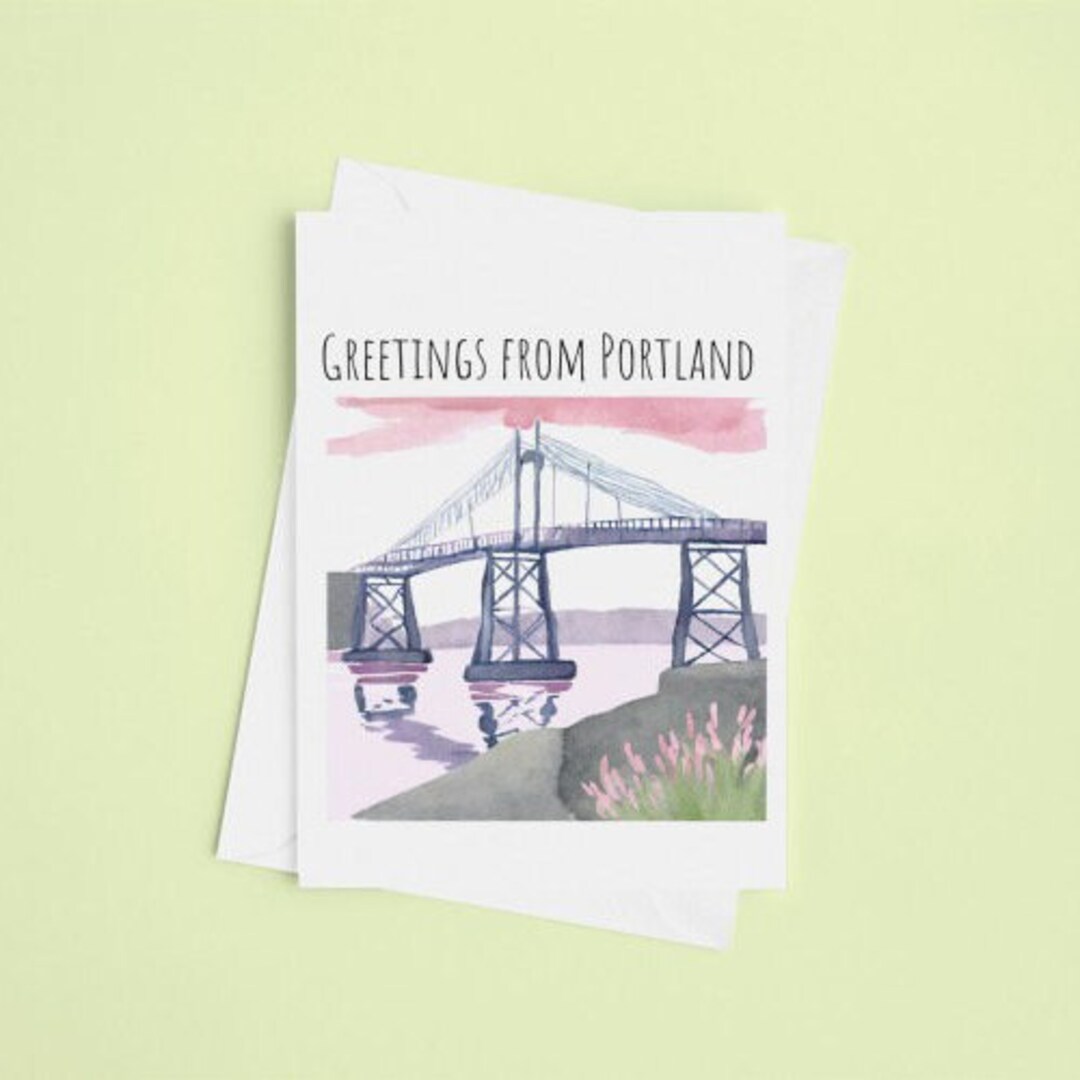 Greetings From Portland Card St. Johns Bridge Watercolor Etsy