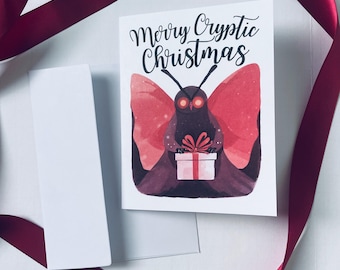 Cute Mothman Christmas Note Cards “Merry Cryptic Christmas”, Mothman Christmas Gift, Cryptid Holiday card, Horror fan Christmas card set