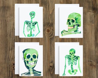 Neon Green Halloween Skeleton Notecard Set