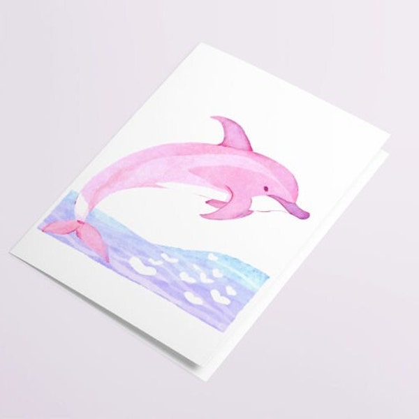 Dolphin Watercolor Illustration Valentines Day Card, Dolphin Valentines Day, Dolphin with hearts card, watercolor dolphin card, folding card