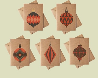 Art Deco Christmas Ornament Notecards, Kraft Paper Set