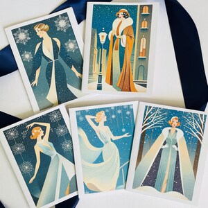 10 vintage art-deco-kerstkaarten met enveloppen - klassieke kersttafereelkaarten met vrouwen in de sneeuw