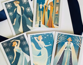 10 cartes de Noël vintage de style Art déco avec enveloppes - Cartes de scène de Noël classiques avec des femmes dans la neige