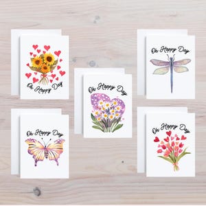 Conjunto de 5 cartões cristãos “Oh Happy Day” com flores, borboletas e libélulas para felicitações ou qualquer ocasião - Cartões cristãos