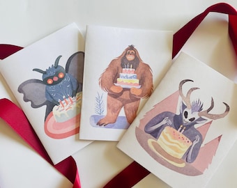 Set of 3 Cute Cryptid Birthday Cards with Bigfoot, Mothman, and Wendigo, Horror Birthday, Spooky Birthday Card, Unique Birthday Card Set