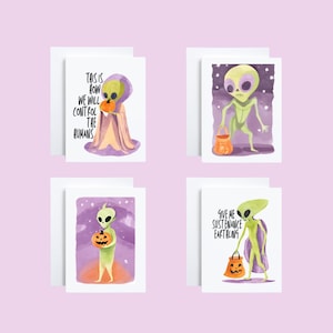 Lot de 4 cartes d'Halloween extraterrestres amusantes avec des citrouilles - vierges à l'intérieur