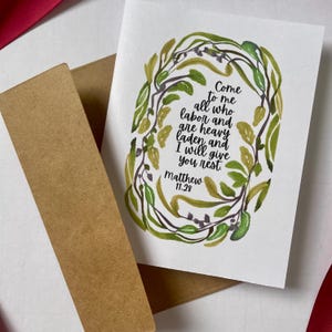 Aquarelle carte d'encouragement chrétien Matthieu 11:28 « Venez à moi, vous tous qui êtes chargés et je vous donnerai du repos », carte de sympathie chrétienne