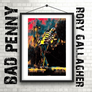 May include: A black and white digital painting of a musician playing a guitar on stage. The musician is wearing a striped shirt and jeans. The background is a blurry image of a crowd.