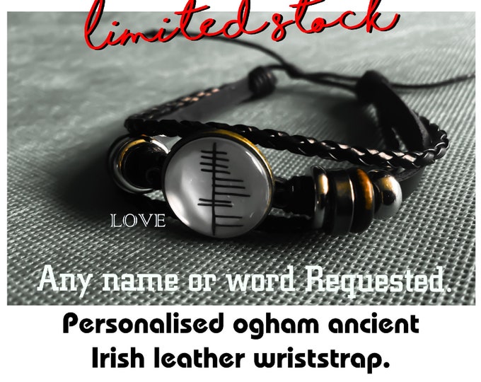 Personalised Ancient Irish language real leather wrist strap. bandaí caol pearsanta Ogham