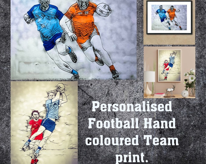 Personalised Any team retro hand coloured Football Art print. (any county or club)