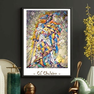 May include: A framed stained glass artwork depicting a warrior figure with a sword, in a mosaic of colours including blue, yellow, and orange. The artwork is set against a light background and includes the text "- Cú Chulainn -" at the bottom.
