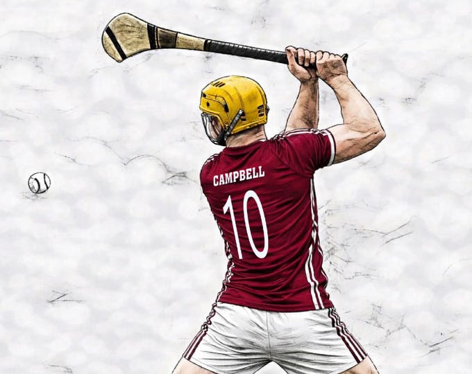 Personalised any Jersey, Name and Number Hand coloured retro Hurling print.