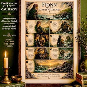 Puede incluir: Impresión enmarcada que representa la leyenda irlandesa de Fionn y la Calzada de los Gigantes. La obra de arte presenta paneles ilustrados con texto, un paisaje costero y bordes de nudos celtas. La impresión se exhibe con libros y una vela.