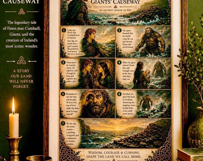 Fionn and the Giant’s Causeway Print – Irish Mythology Wall Art, Celtic Legend Poster, Irish Gift, Man Cave Decor