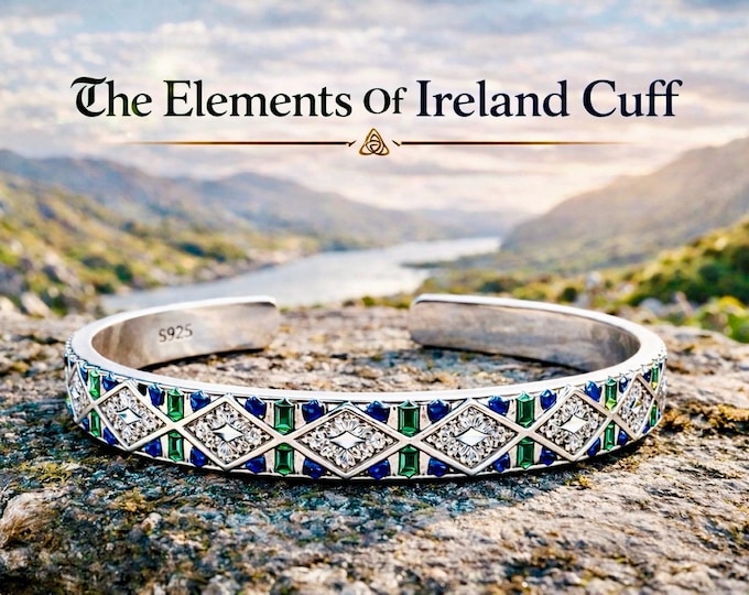 Elements Of Ireland Cuff – Irish Land Sea & Mountain Bracelet – Emerald Sapphire Sterling Silver Jewellery