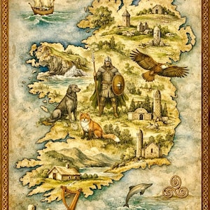 Könnte beinhalten: Illustrierte Karte von Irland mit detailliertem Rand. Die Karte zeigt ein Schiff, einen Adler, einen Krieger, einen Hund, einen Fuchs, eine Harfe, einen Delfin und antike Strukturen. Die Farbpalette ist warm, mit Brauntönen, Grün und Blau.