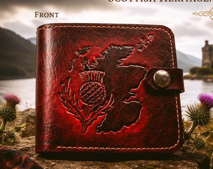 Handmade Leather Wallet | Embossed Scotland Map Thistle Design, Celtic Heritage keepsake