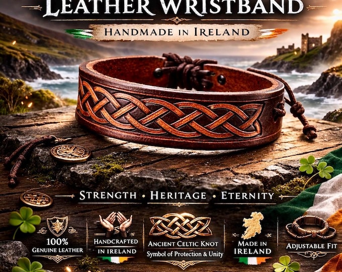 Heritage of the Gael Celtic Leather Wristband - Handmade Irish knot bracelet - Artisan Crafted in Ireland
