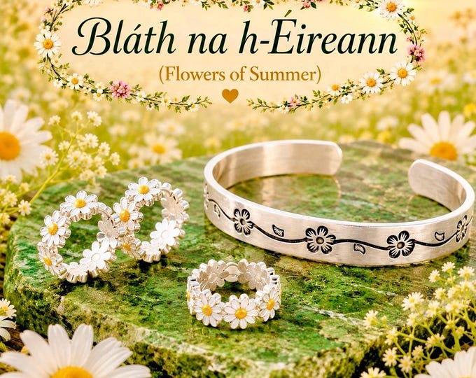 Bláth na hÉireann Jewellery Set – Irish Daisy Ring, Earrings & Wildflower Cuff | Sterling Silver Summer Jewellery Gift