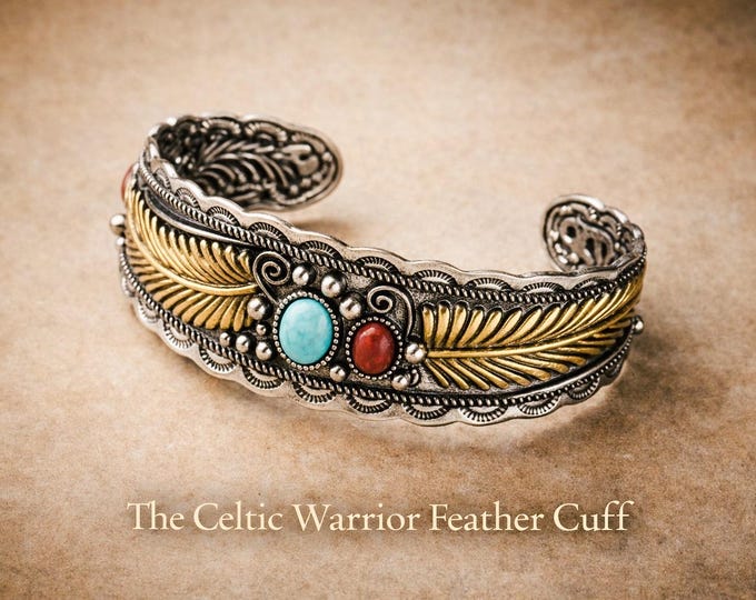 Celtic Warrior Feather Cuff – Silver Gold Boho Turquoise Red Stone Bangle