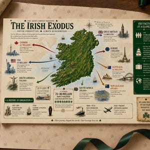 Peut inclure: Une affiche informative intitulée The Irish Exodus présentant une carte centrale verte de l'Irlande avec des flèches pointant vers diverses destinations mondiales. Elle inclut des faits historiques, des statistiques et des illustrations sur fond crème.