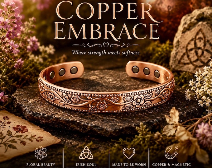 The Copper Embrace | Floral Copper Magnetic Cuff Bracelet | Celtic Inspired Copper Bangle