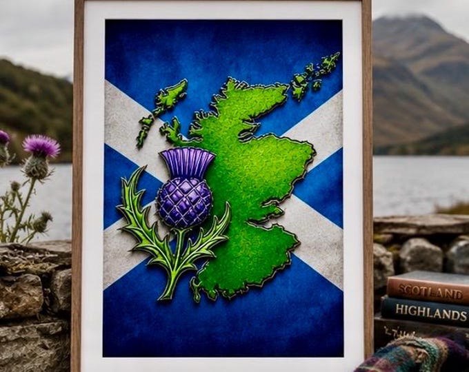 Scottish Thistle & Map of Scotland Print | Scottish Heritage Wall Art | Scotland Flag Artwork