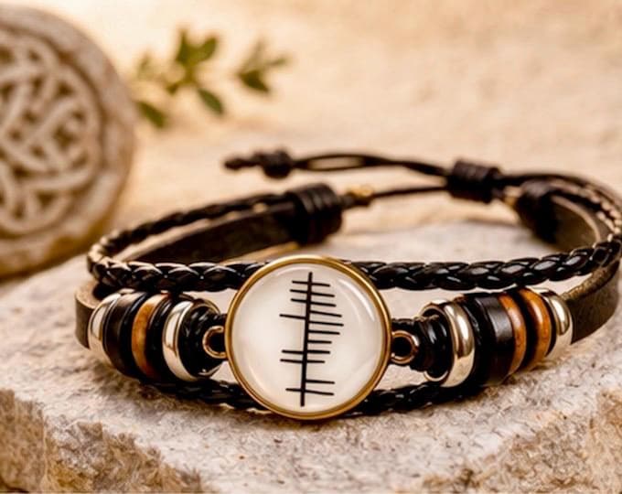 Personalised Ogham Bracelet – Your Name in Ancient Irish, Handmade Leather Wristband Gift