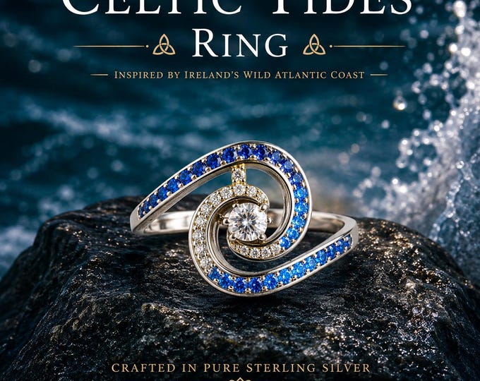 Atlantic Tides of Éire Ring | Sterling Silver Adjustable Ocean Wave Ring | Hand-Set Blue Zircon Ring | Irish Coastal Jewellery Gift for Her