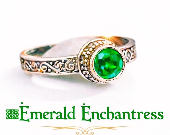 Emerald Enchantress Adjustable Sterling Silver Celtic Ring Irish Emerald Ring Gift for Her Green Gemstone