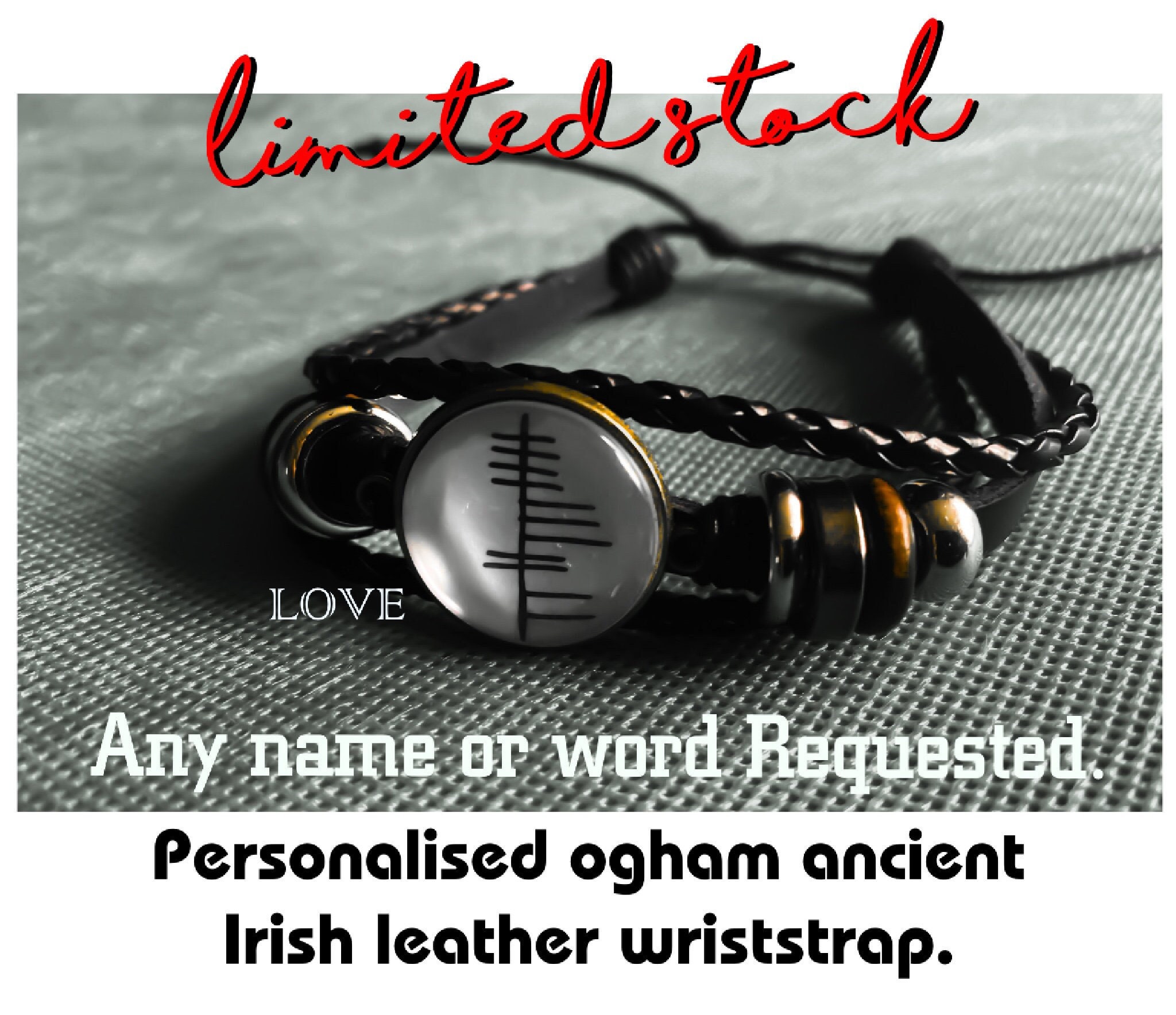 Personalised Ancient Irish language real leather wrist strap bandaí Personalised Ancient Irish language real leather wrist strap bandaí