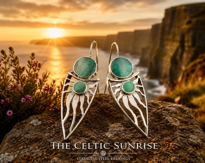 The Celtic Sunrise | Stainless Steel Celtic Earrings | Green Stone Earrings