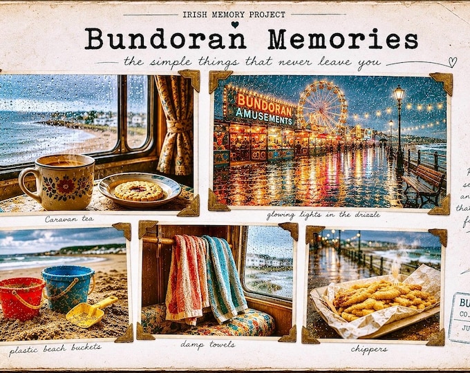 Bundoran Memories – Irish Memory Project Print | Vintage Irish Coastal Holiday Wall Art | Donegal Nostalgia Gift | Caravan & Arcade Memories