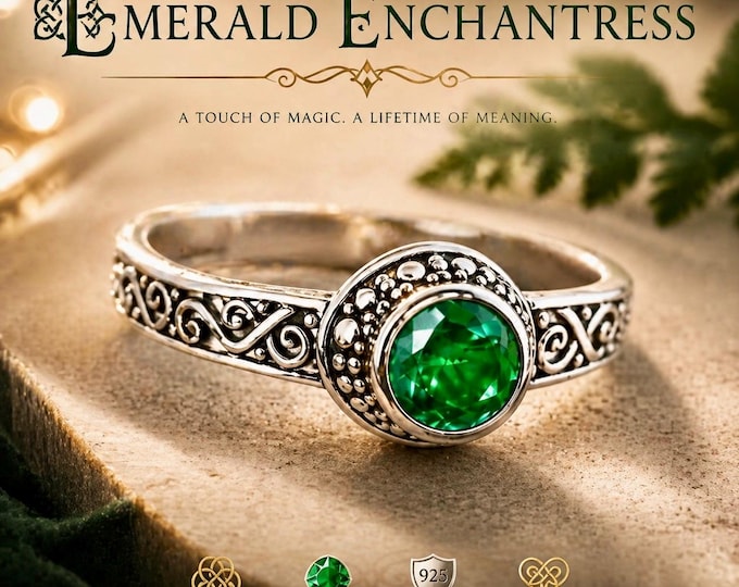 Emerald Enchantress Sterling Silver Celtic Ring – Adjustable Green Gemstone Irish Jewellery