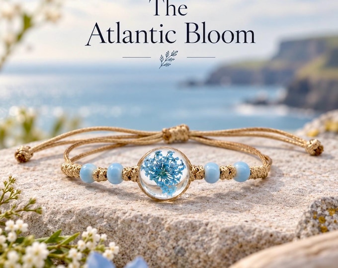 The Atlantic Bloom – Irish Coastal Flower Bracelet, Blue Botanical Bracelet, Adjustable Cord Jewellery, Wildflower Gift for Her