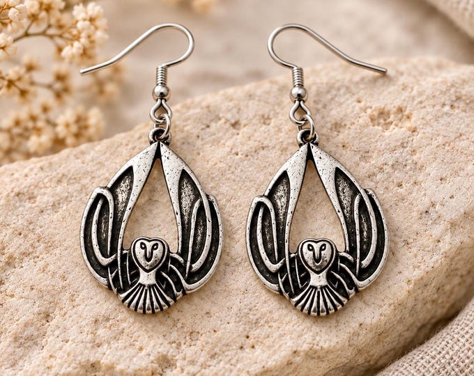 The Night Watchers – Stainless Steel Owl Earrings, Celtic Inspired Drop Earrings, Pagan Woodland Jewellery