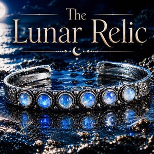 May include: A silver cuff bracelet with seven blue moonstone cabochons. The bracelet is set against a dark, reflective surface with the text "The Lunar Relic" above it. The background features a full moon over water.