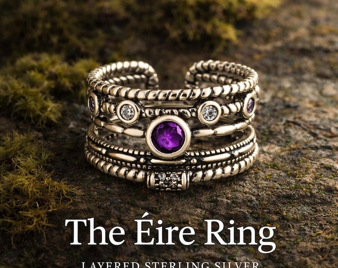Éire Sterling Silver Ring – Adjustable Amethyst Stacking Ring