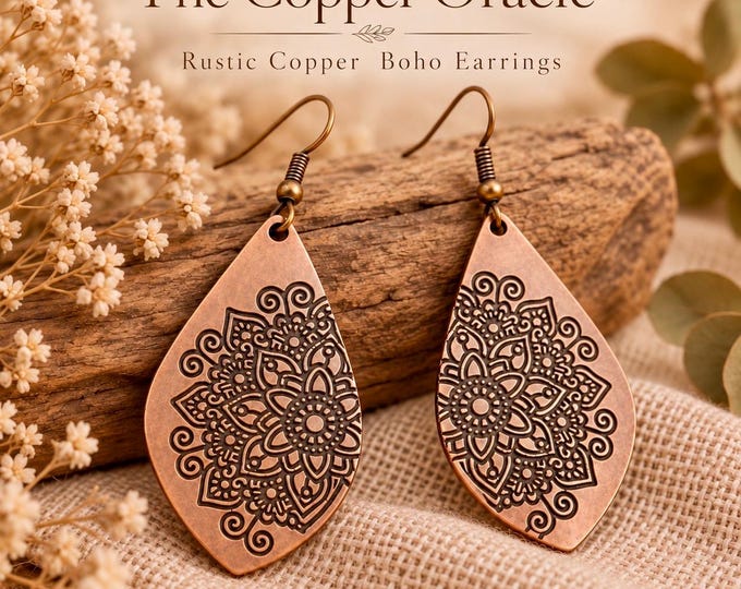 The Copper Oracle – Large Copper Statement Earrings, Boho Mandala Drop Earrings, Rustic Botanical Jewellery