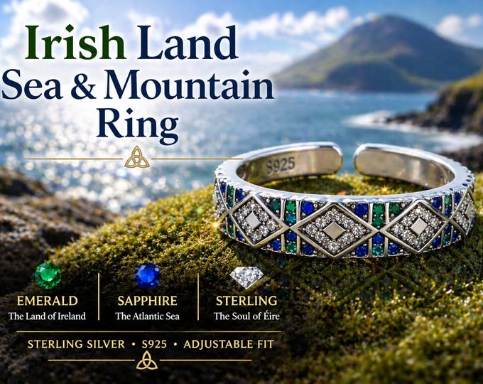 The Elements of Ireland Ring                Irish Land Sea & Mountain Ring – Emerald Sapphire Sterling Silver Adjustable Band