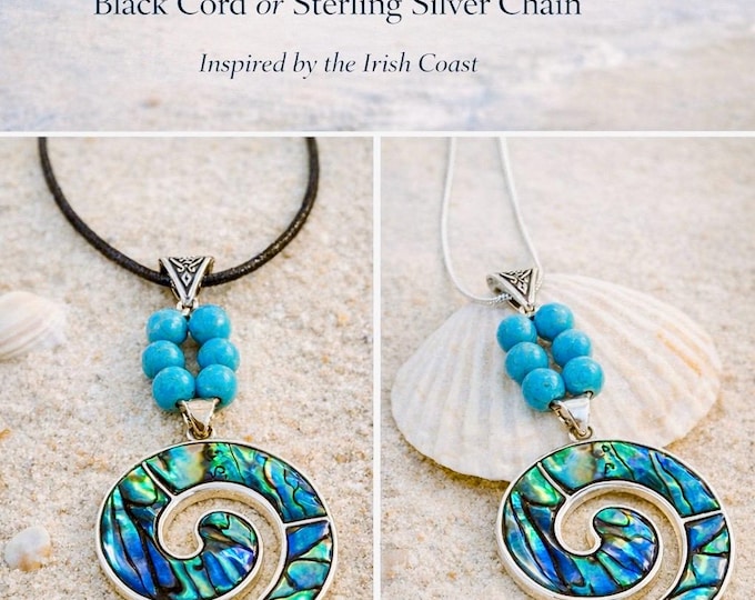 Abalone Spiral Pendant Necklace – Irish Coastal Jewellery, Ocean Inspired Gift, Turquoise Bead Necklace, Celtic Wave Pendant