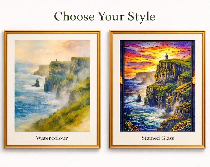 Cliffs of Moher Print – Clare Coastal Wall Art, Choose Watercolour or Stained Glass