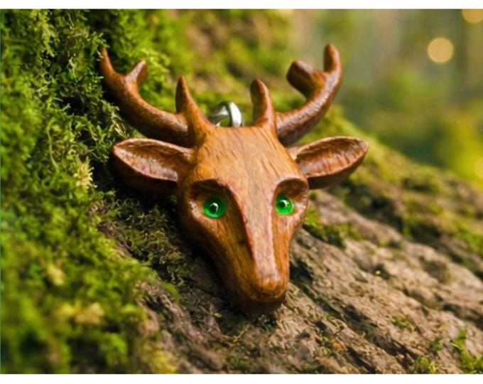 Celtic Stag Necklace – Wooden Deer Pendant with Green Eyes, Irish Folklore Jewellery, Forest Spirit Gift, Sterling Silver Chain