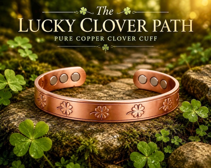 Clover Copper Bracelet, Pure Copper Magnetic Cuff, Irish Lucky Clover Jewellery