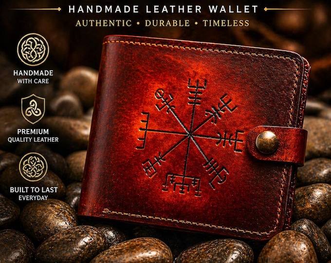 Norse Compass Leather Wallet – Handmade Irish Vegvisir Viking Symbol