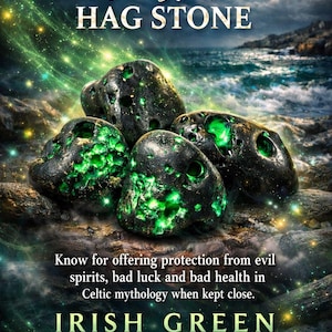 May include: Image of Irish coastal Hag Stones, with the text "IRISH coastal HAG STONE". The stones are dark with bright green centers, set against a coastal scene with a full moon. Text reads "Know for offering protection..."