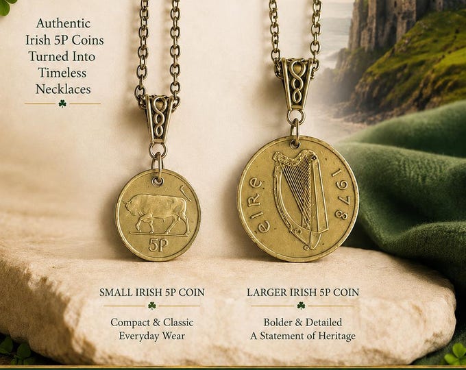 Authentic Irish 5p coin pendant with both a chain and black wax cord.